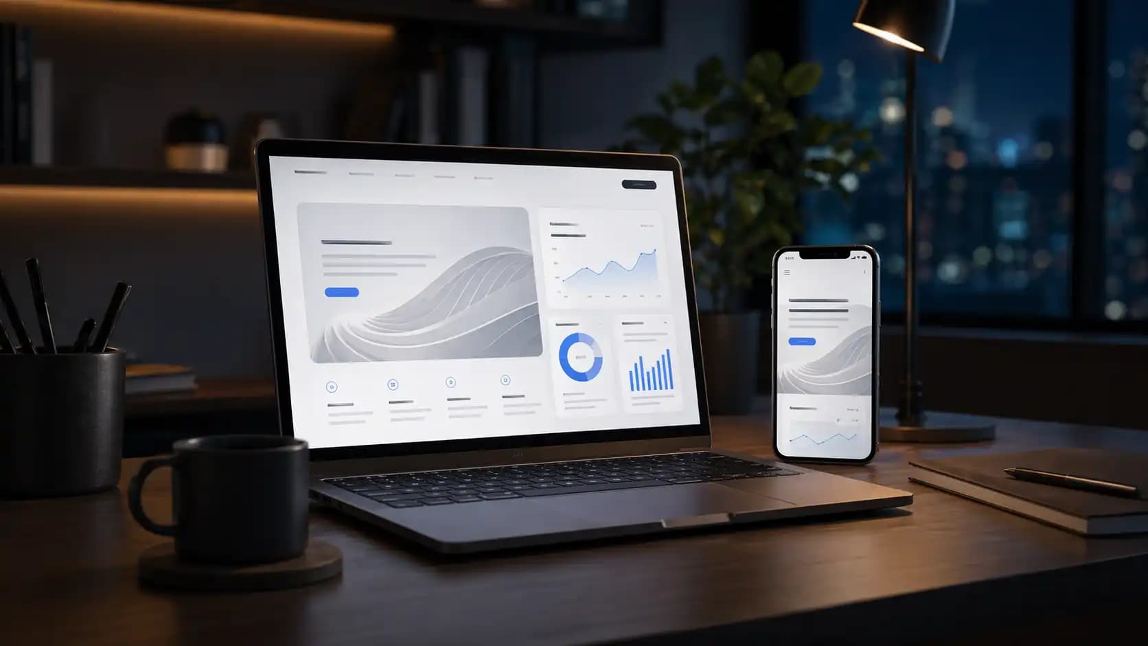 Responsive business website interface across laptop and phone