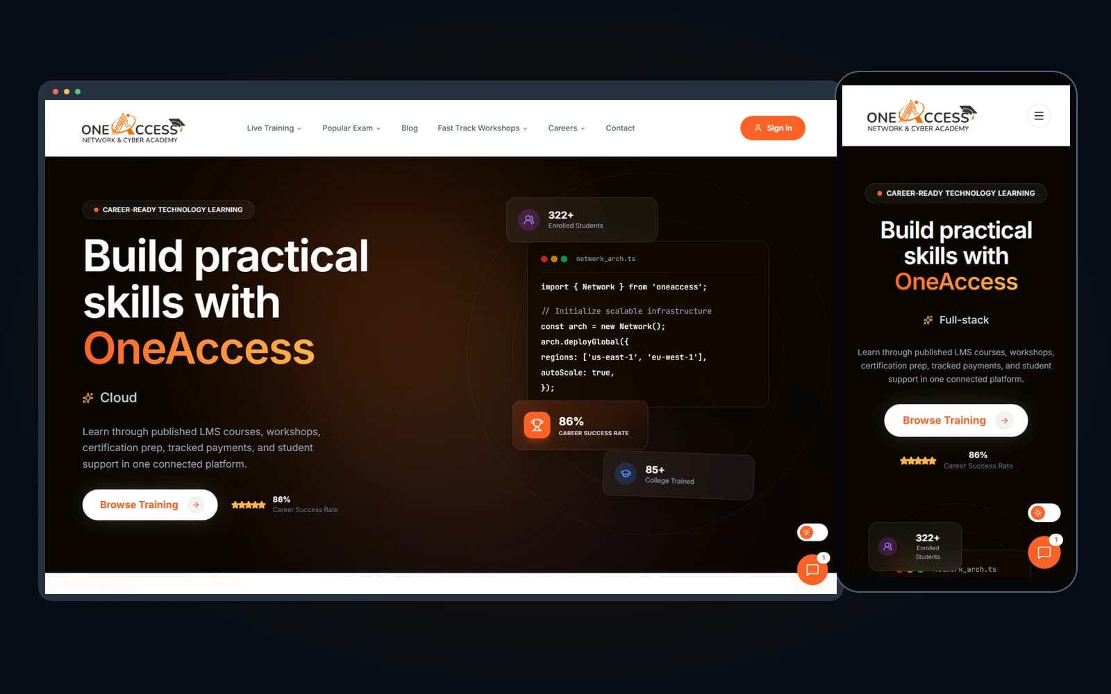 OneAccess Academy homepage desktop screenshot