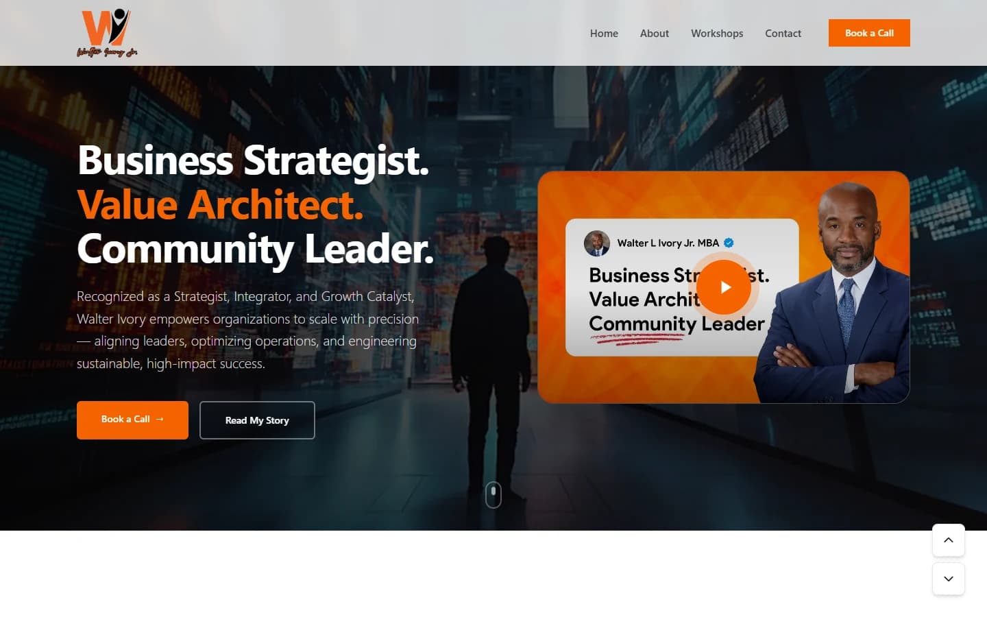 Walter Ivory Jr. homepage — A personal brand introduction pairs Walter's positioning with a prominent consultation call to action. Captured from the local project preview.