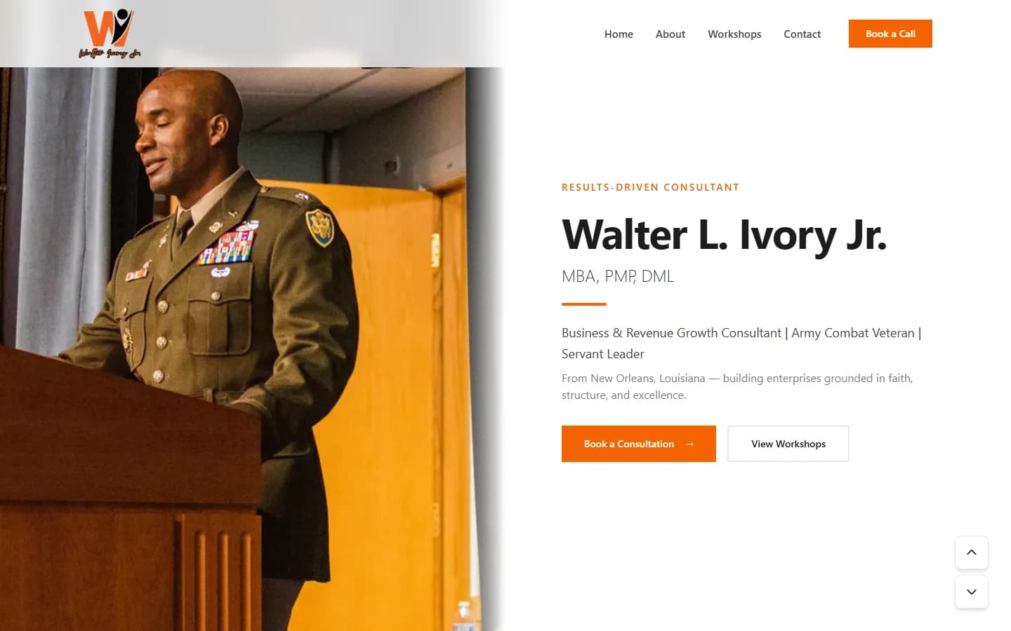 The story behind the brand — The About page presents Walter's background, leadership experience and consulting approach. Captured from the local project preview.