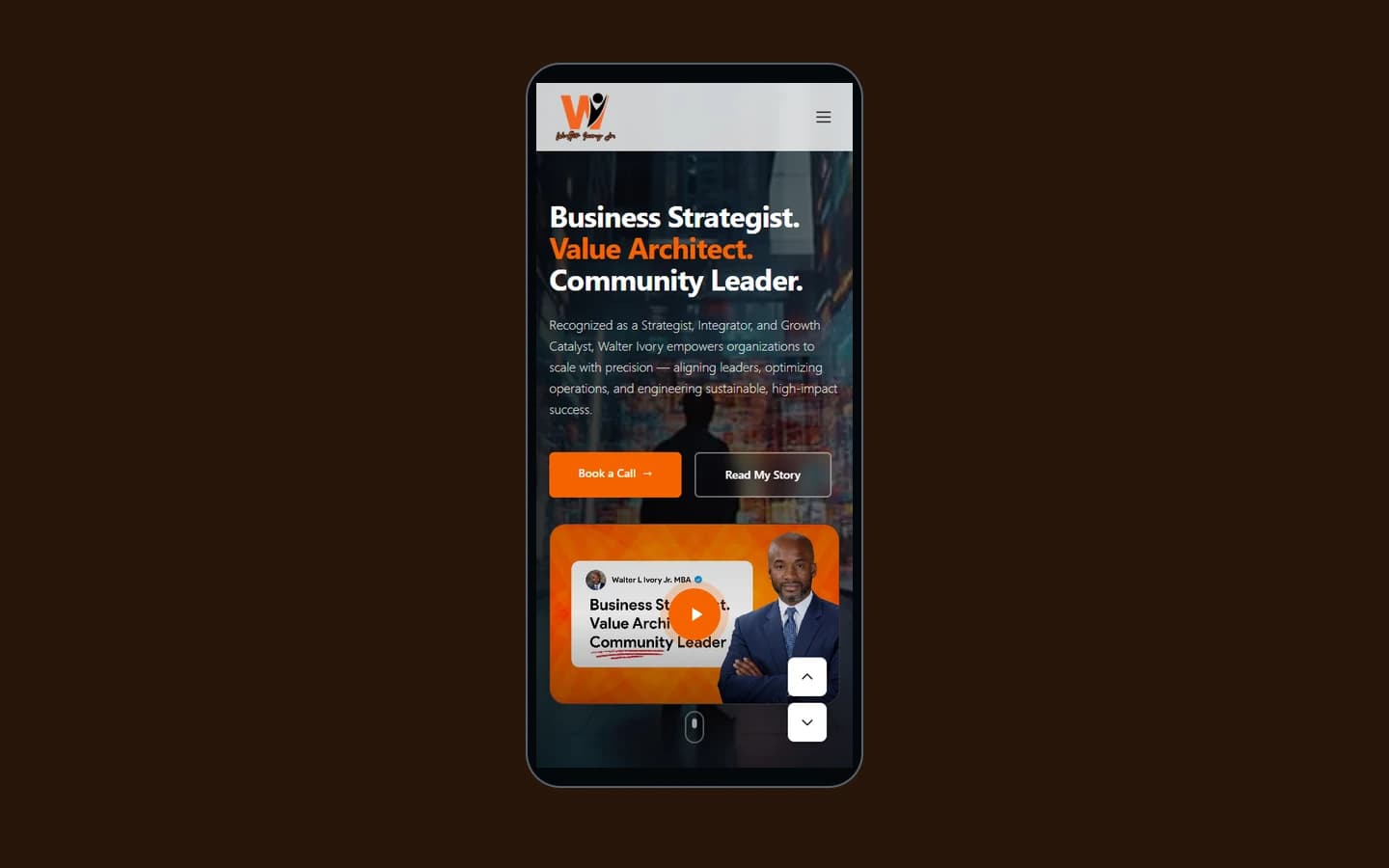Walter Ivory Jr. on mobile — The personal brand experience adapts its navigation, headline and content for a mobile viewport. Captured from the local project preview.