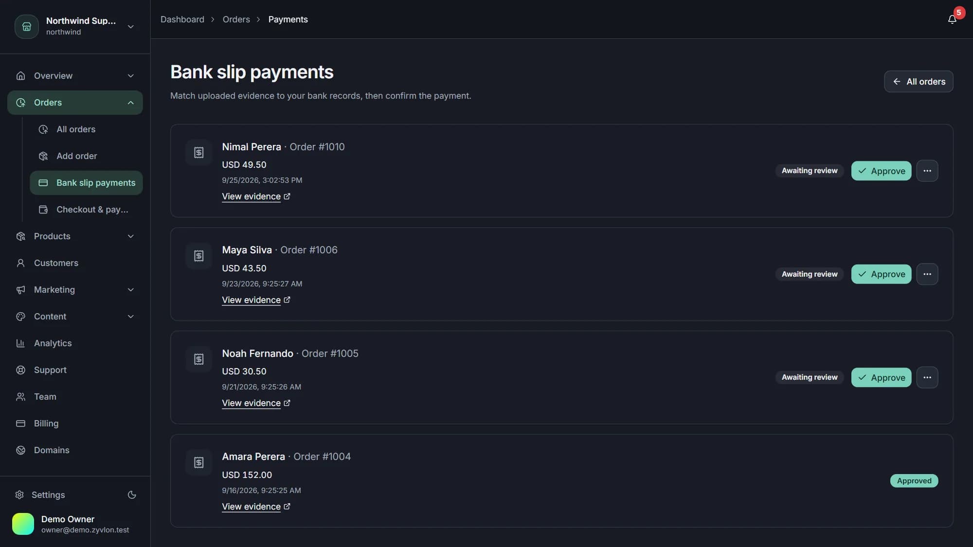 Zyvlon dashboard bank-slip payments queue with approve actions