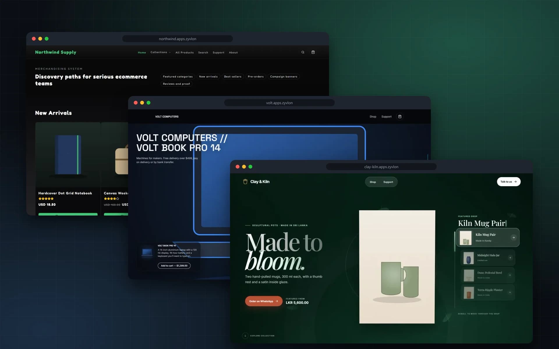 Zyvlon Premium Commerce, ComputorShop and POT.lk storefront templates shown as three browser windows