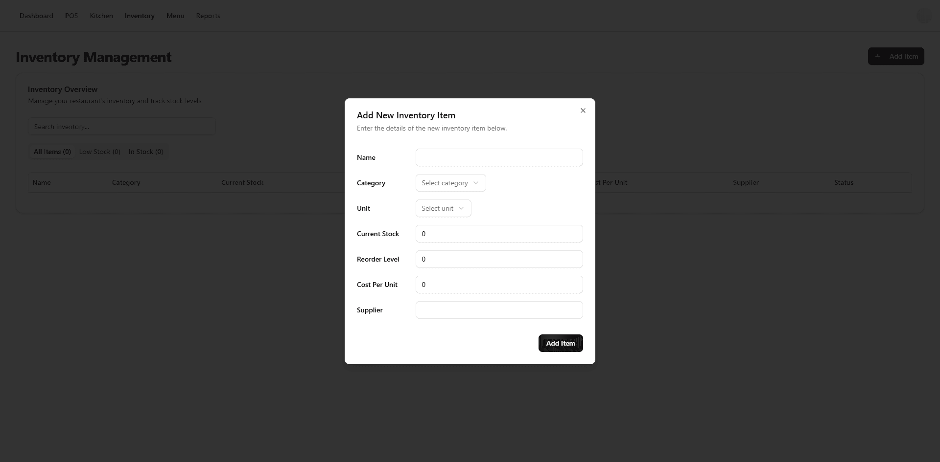 Restaurant POS inventory tracking screen