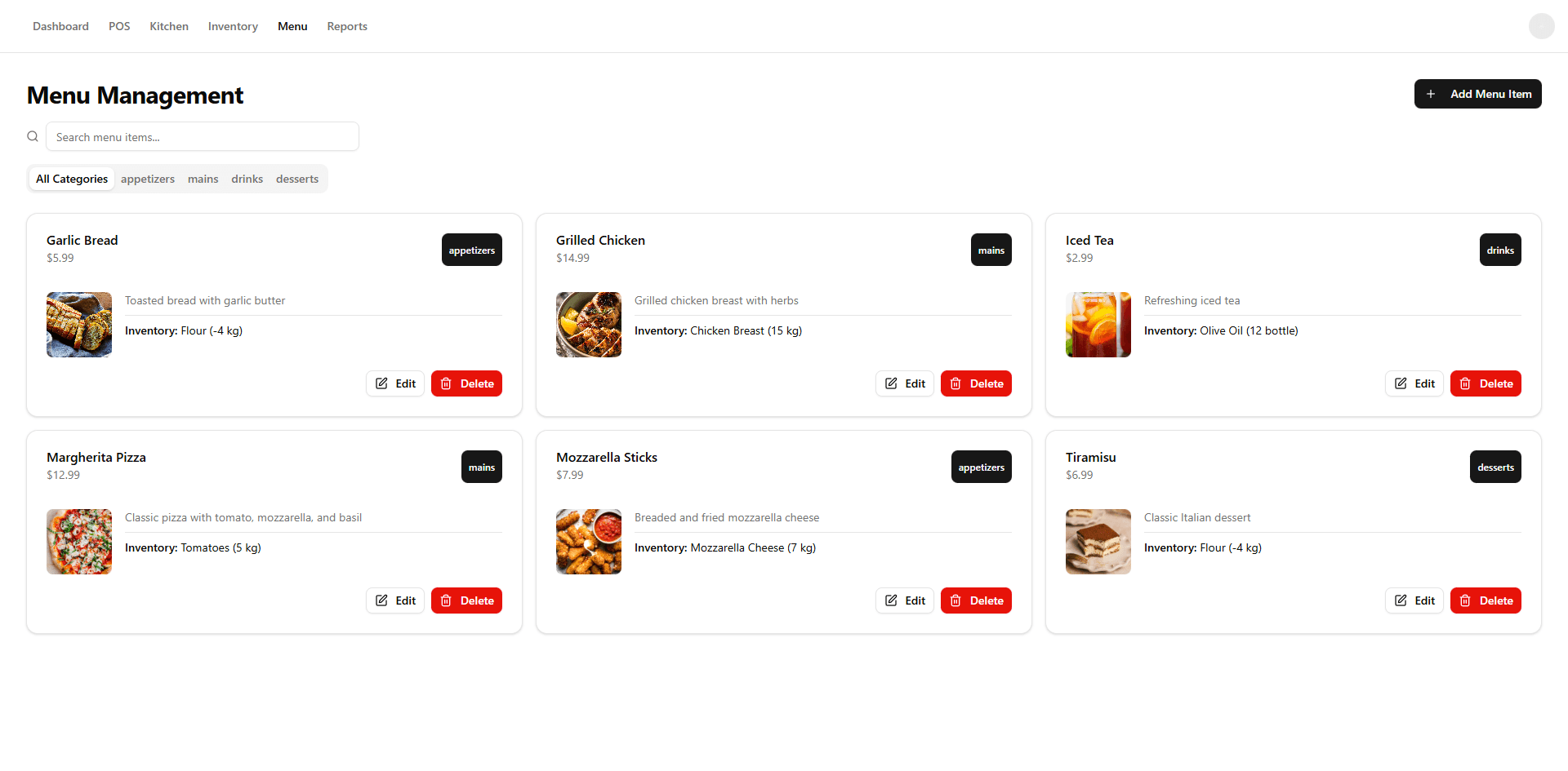 Restaurant POS menu management screen
