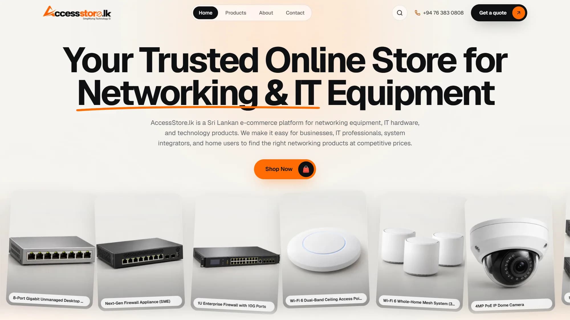 AccessStore.lk hero with a floating marquee of networking products