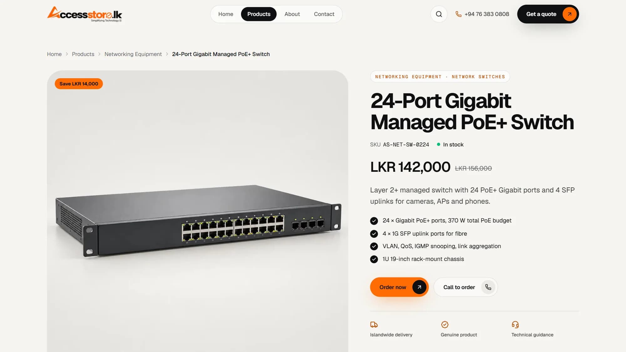 AccessStore.lk product page for a 24-port managed PoE switch with price, stock and highlights