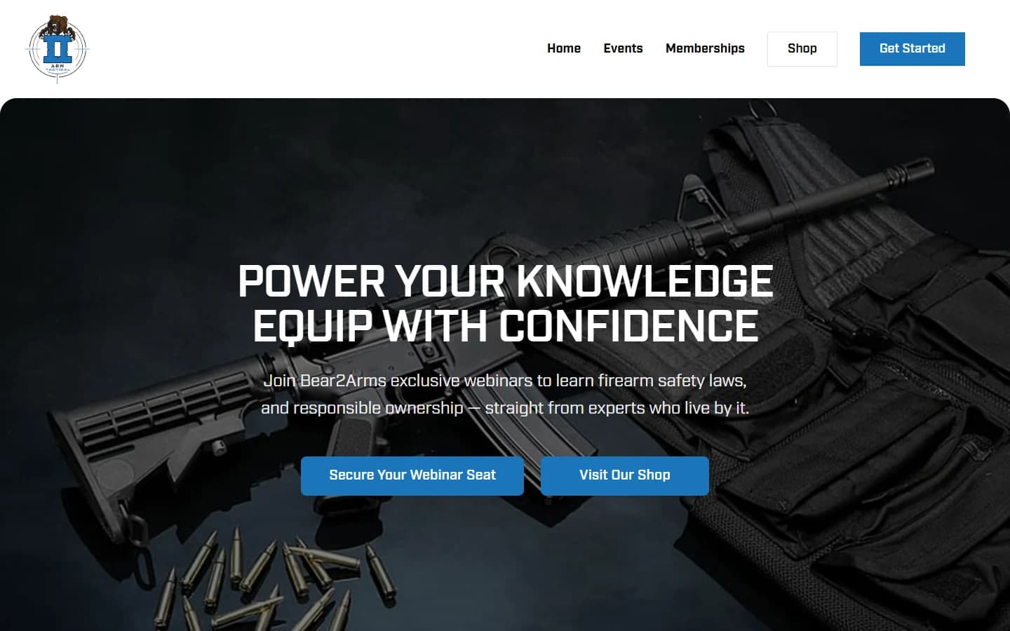 Bear2Arm homepage — A branded introduction connects visitors with training, webinars and the outdoor range experience.