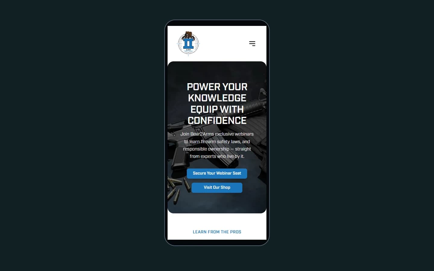 Bear2Arm on mobile — Responsive navigation and clear content hierarchy make the public site accessible on smaller screens.