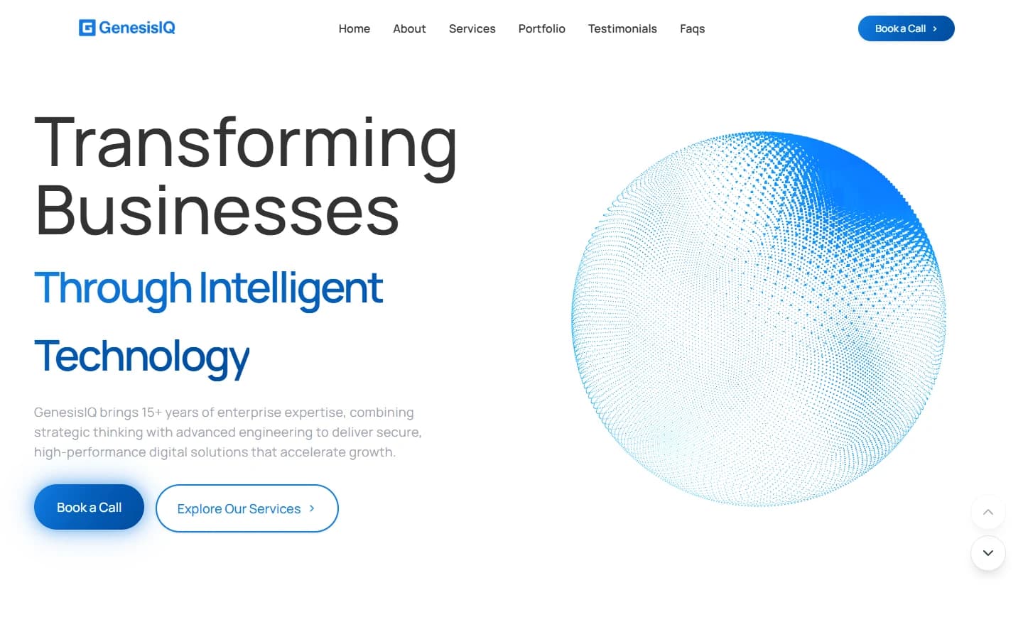 GenesisIQ homepage — The technology agency's opening section pairs its service proposition with an interactive visual. Captured from the local project preview.