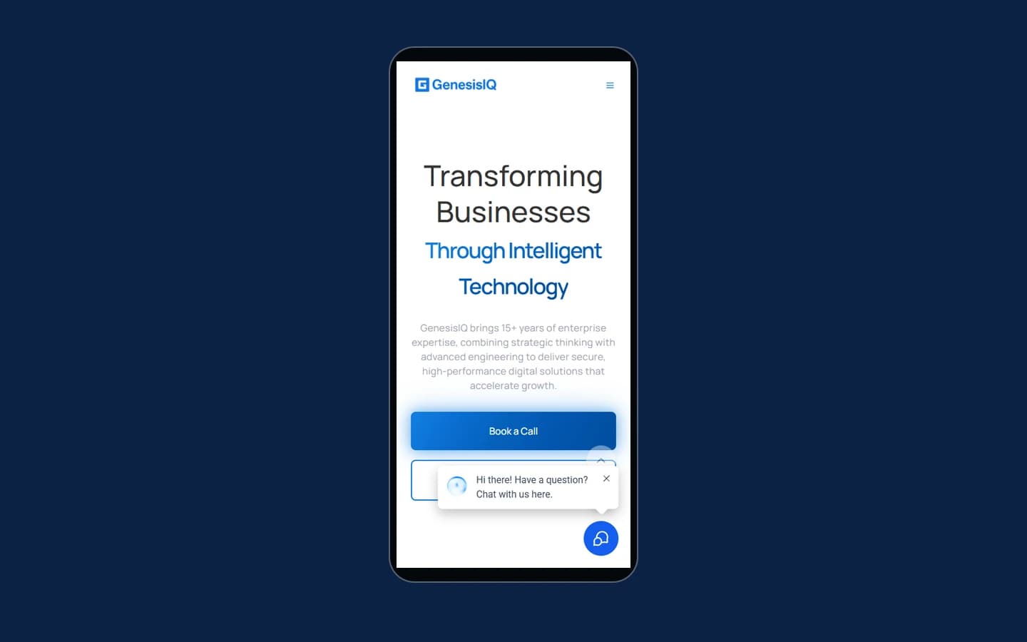 GenesisIQ on mobile — The homepage adapts its content and consultation actions for smaller screens. Captured from the local project preview.