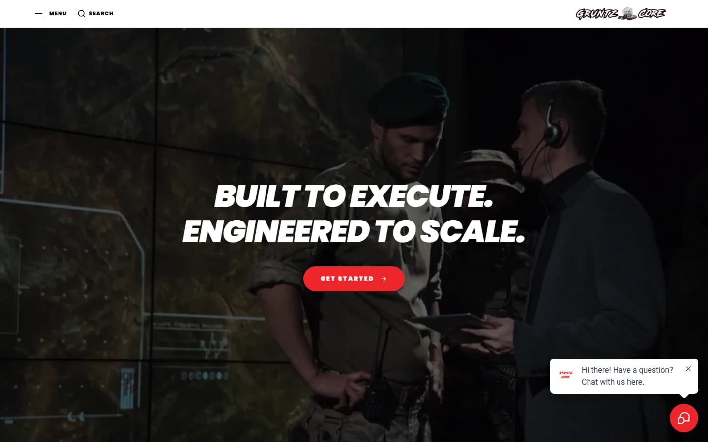GruntzCore homepage — A video-led introduction establishes the brand and directs visitors into its operational services. Captured from the local project preview.