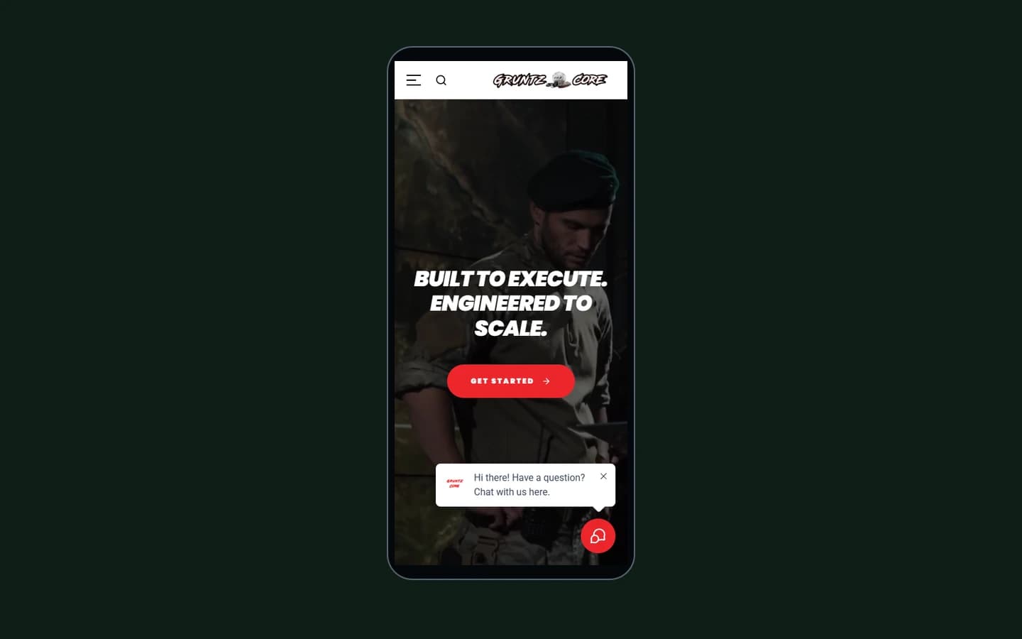 GruntzCore on mobile — The homepage retains its visual identity and prominent contact action on a phone-sized screen. Captured from the local project preview.