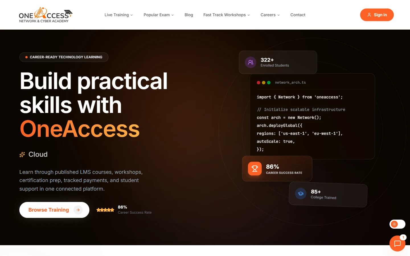 OneAccess Academy homepage — A focused introduction to networking, cybersecurity and cloud training, with a direct path into the course catalogue.