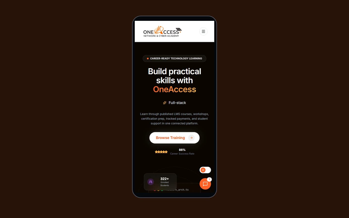 Learning on mobile — The academy homepage adapts its navigation, typography and enrolment calls to action for smaller screens.