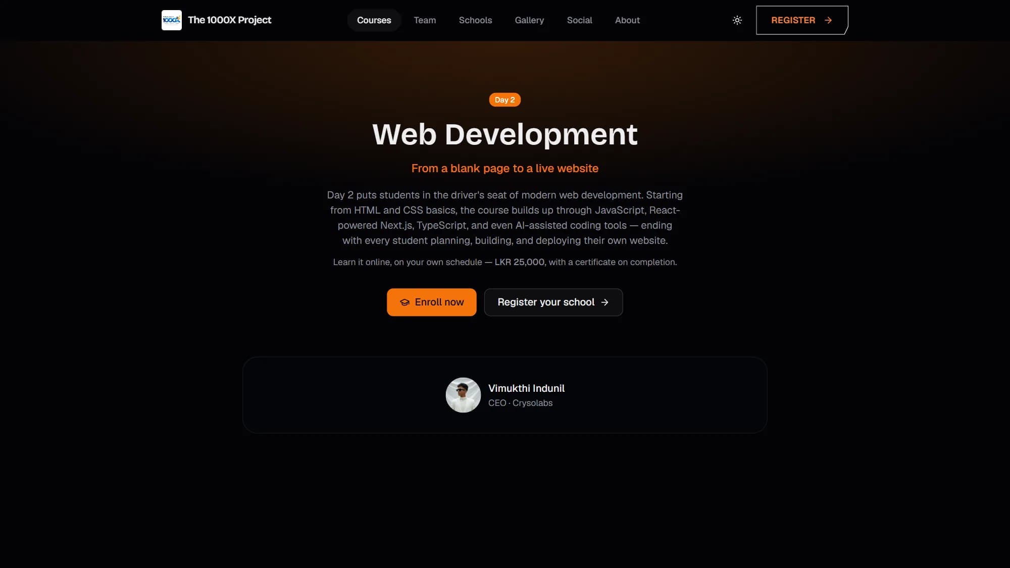 The 1000X Project Web Development course page with enrolment