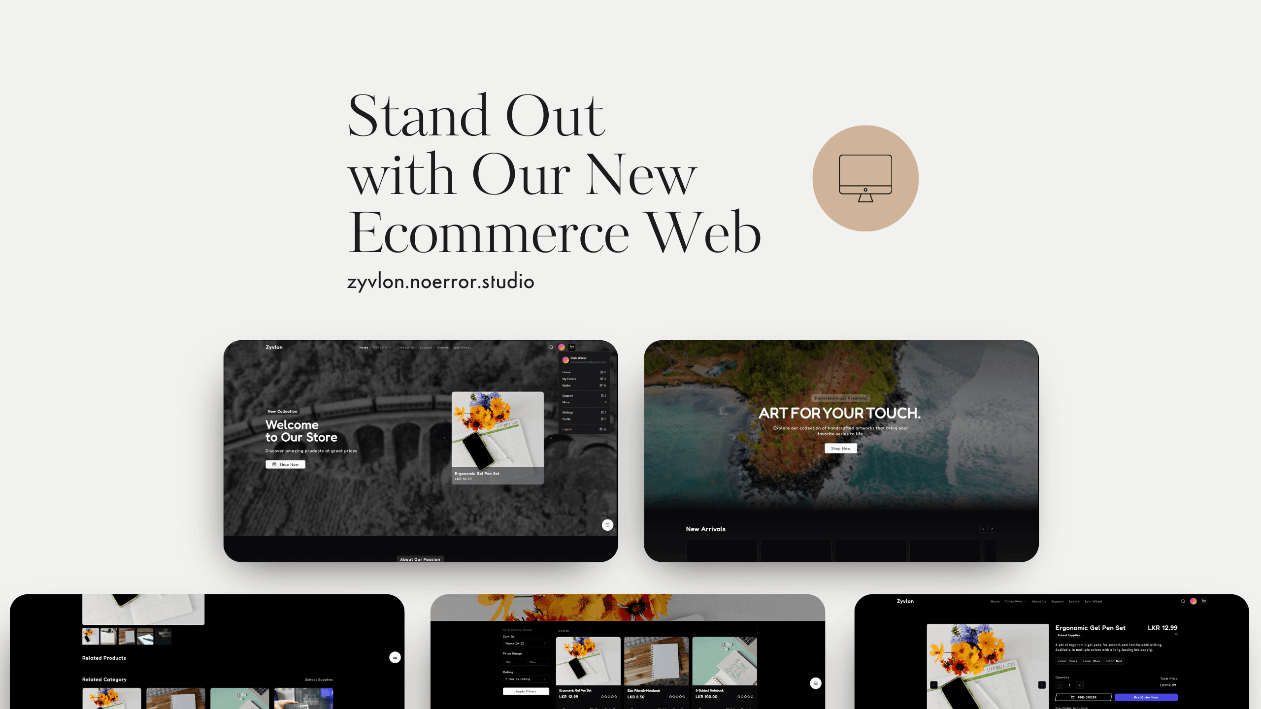 Zyvlon storefront, catalog, and product detail page presentation