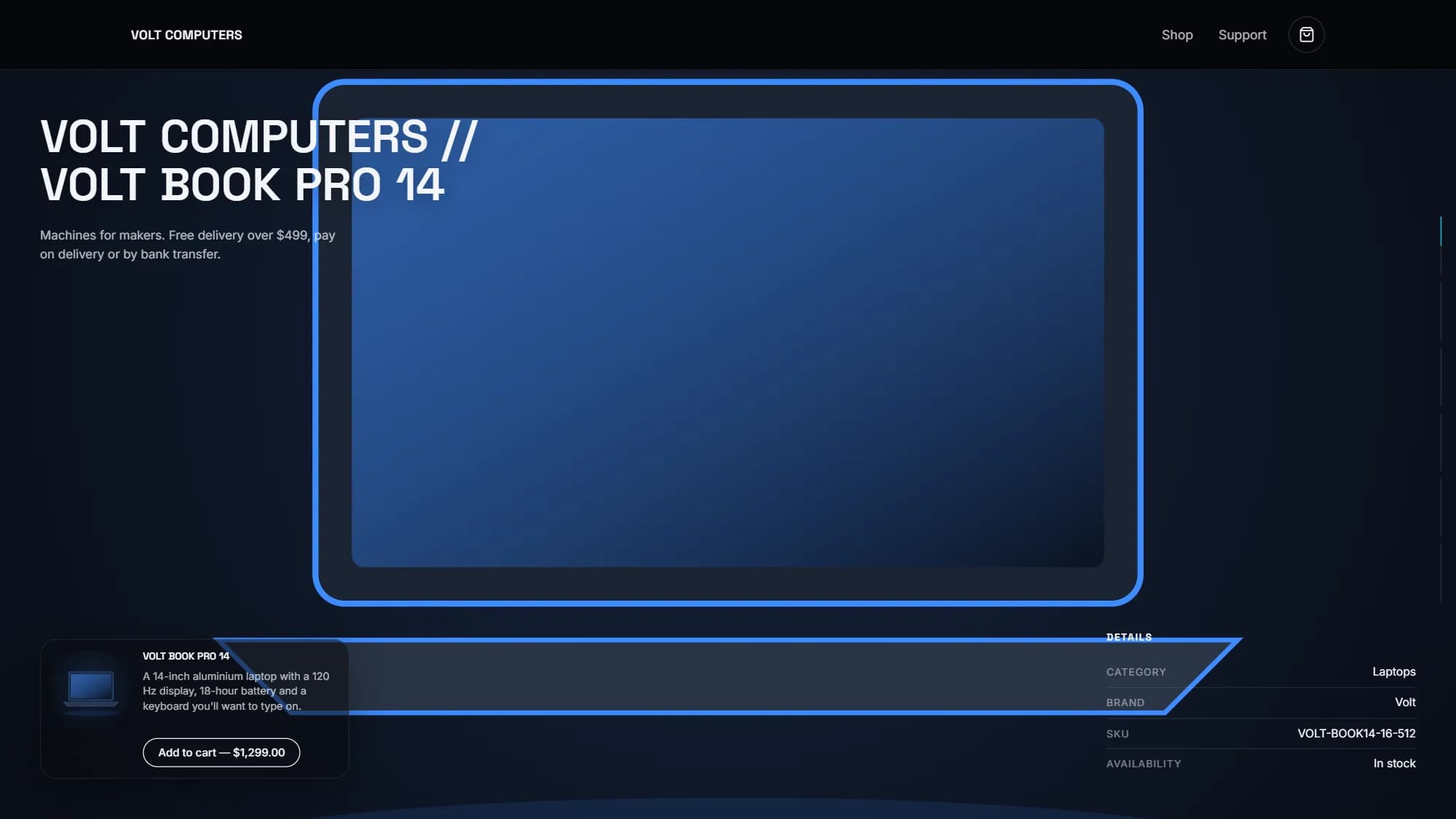 Volt Computers storefront on the ComputorShop template with a 3D laptop hero