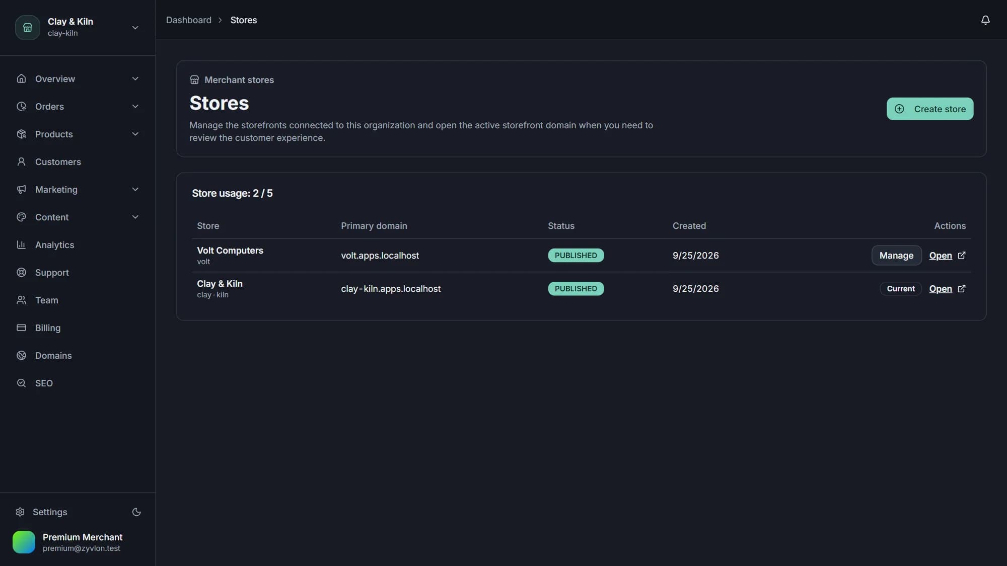 Zyvlon dashboard listing two stores owned by one organization